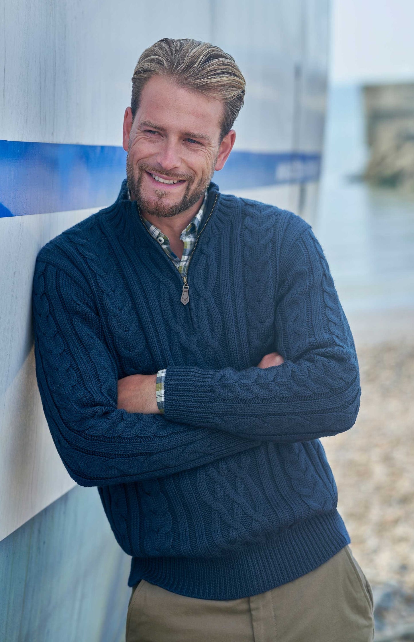Mens Pure Wool Aran Jumper 1/4 Zip Sweater - Indigo Navy