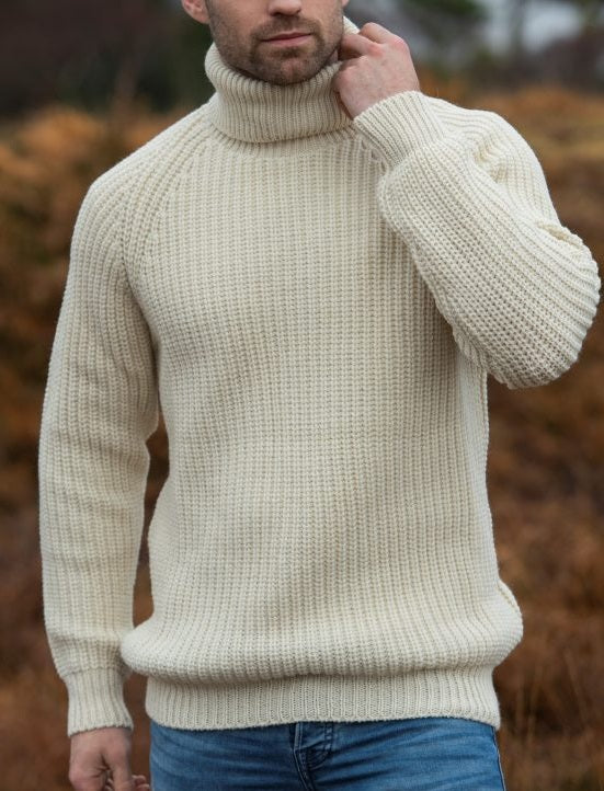 Mens Submariner Rib Roll Neck Sweater - Cream