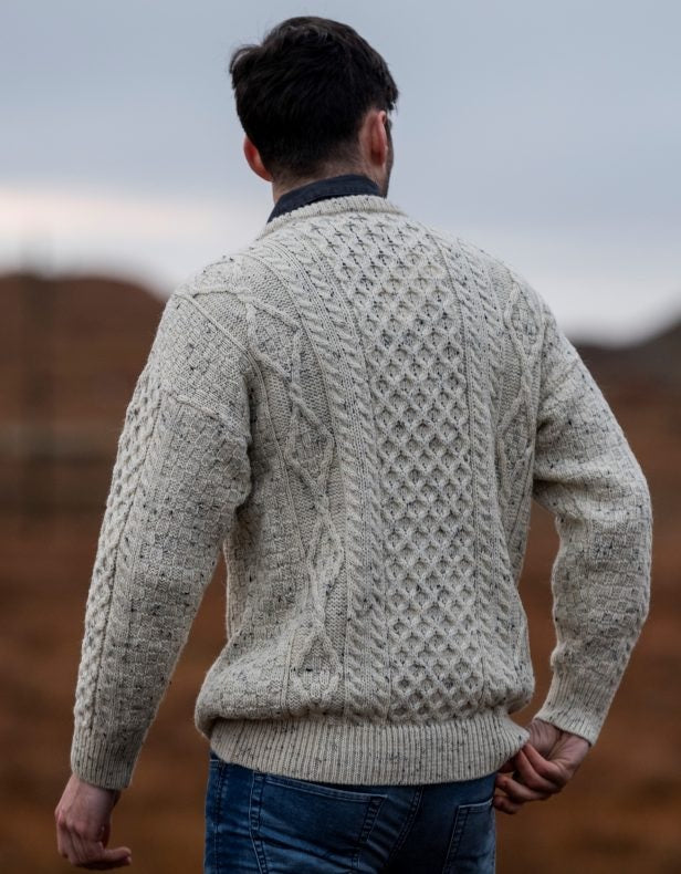 Mens Classic Aran Crew Neck Sweater - Nautral Fleck