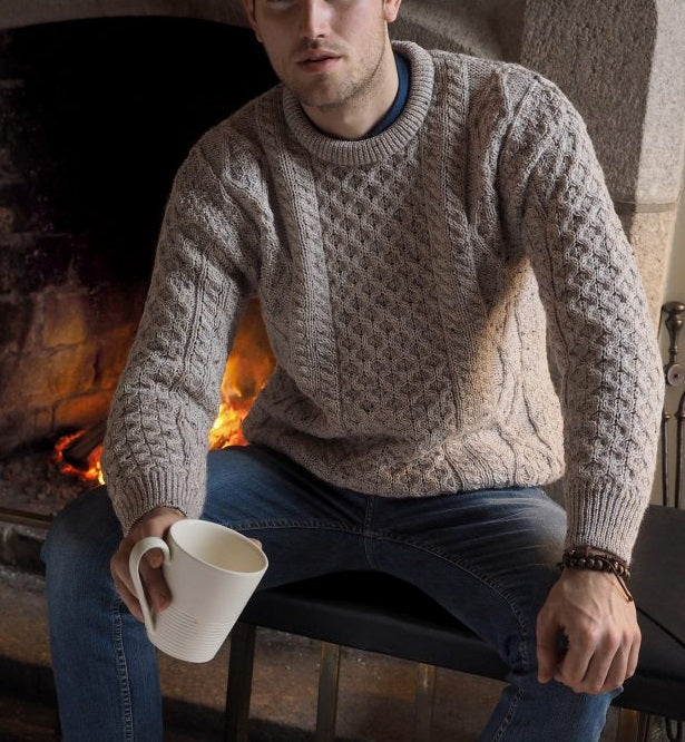 Mens Aran Crew Neck Jumper - Natural Fleck