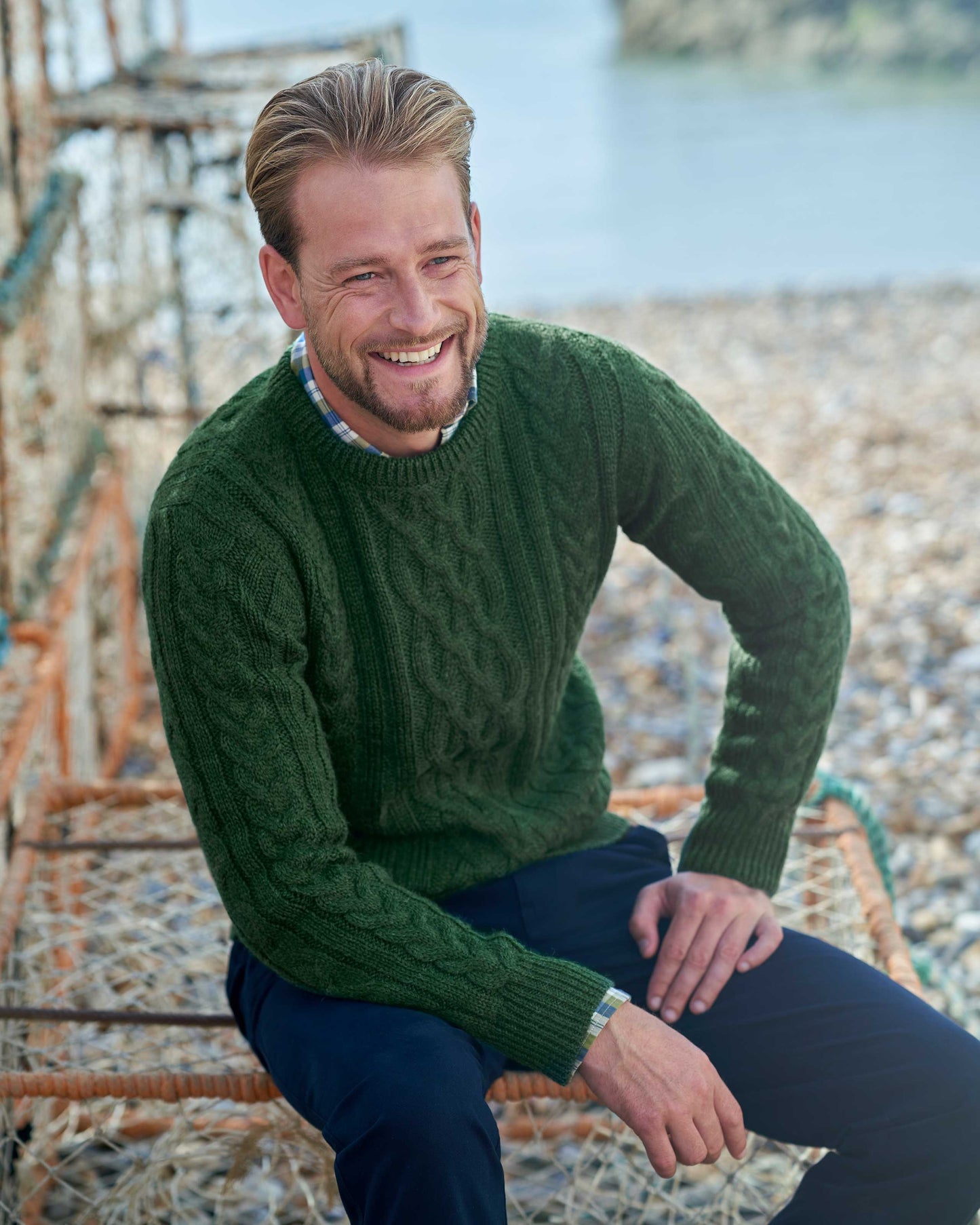 Mens Aran Sweater Pure Wool Knitted Crew Neck Jumper - Oatmeal/Dark Forest