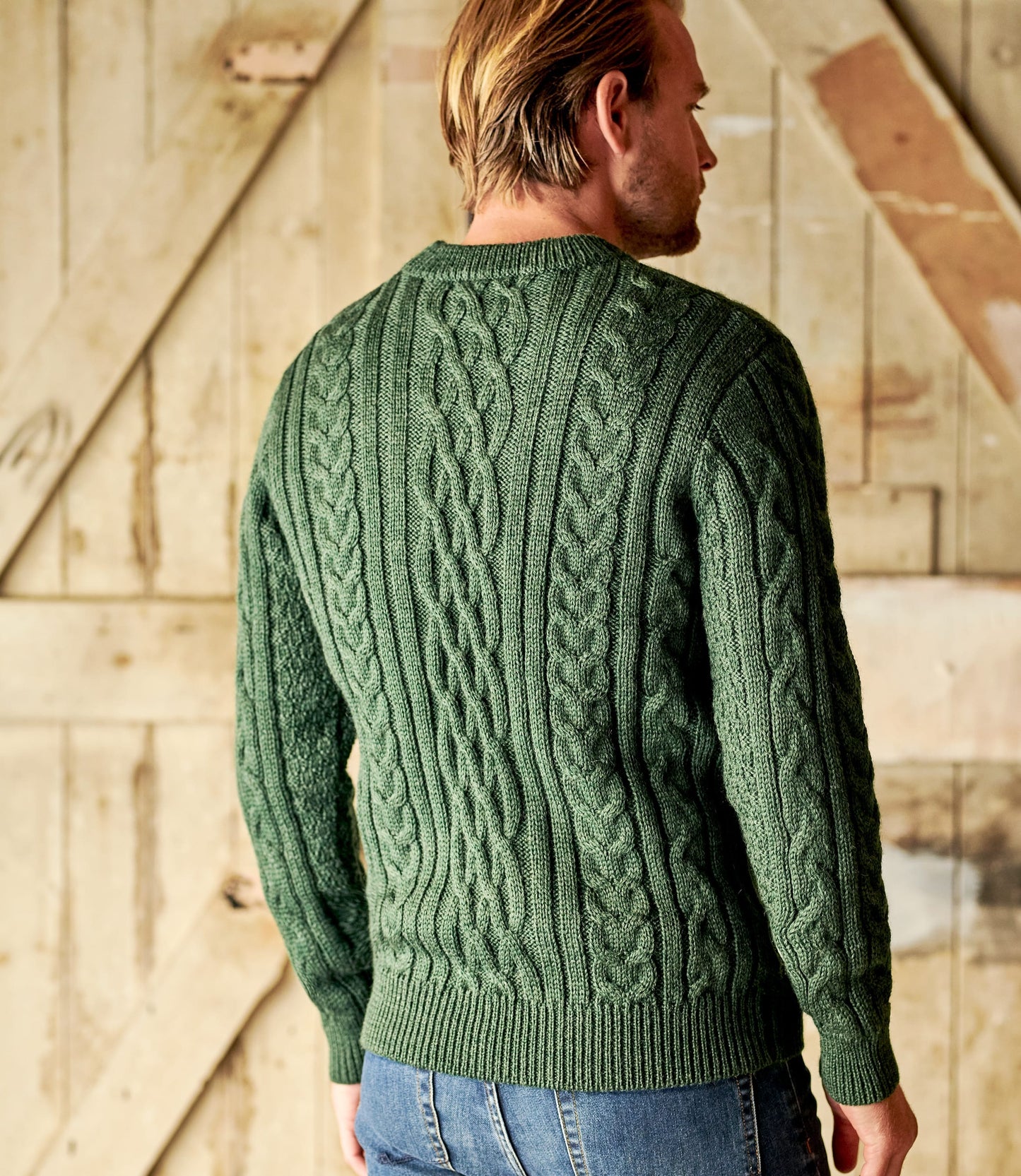 Mens Aran Sweater Pure Wool Knitted Crew Neck Jumper - Oatmeal/Dark Forest