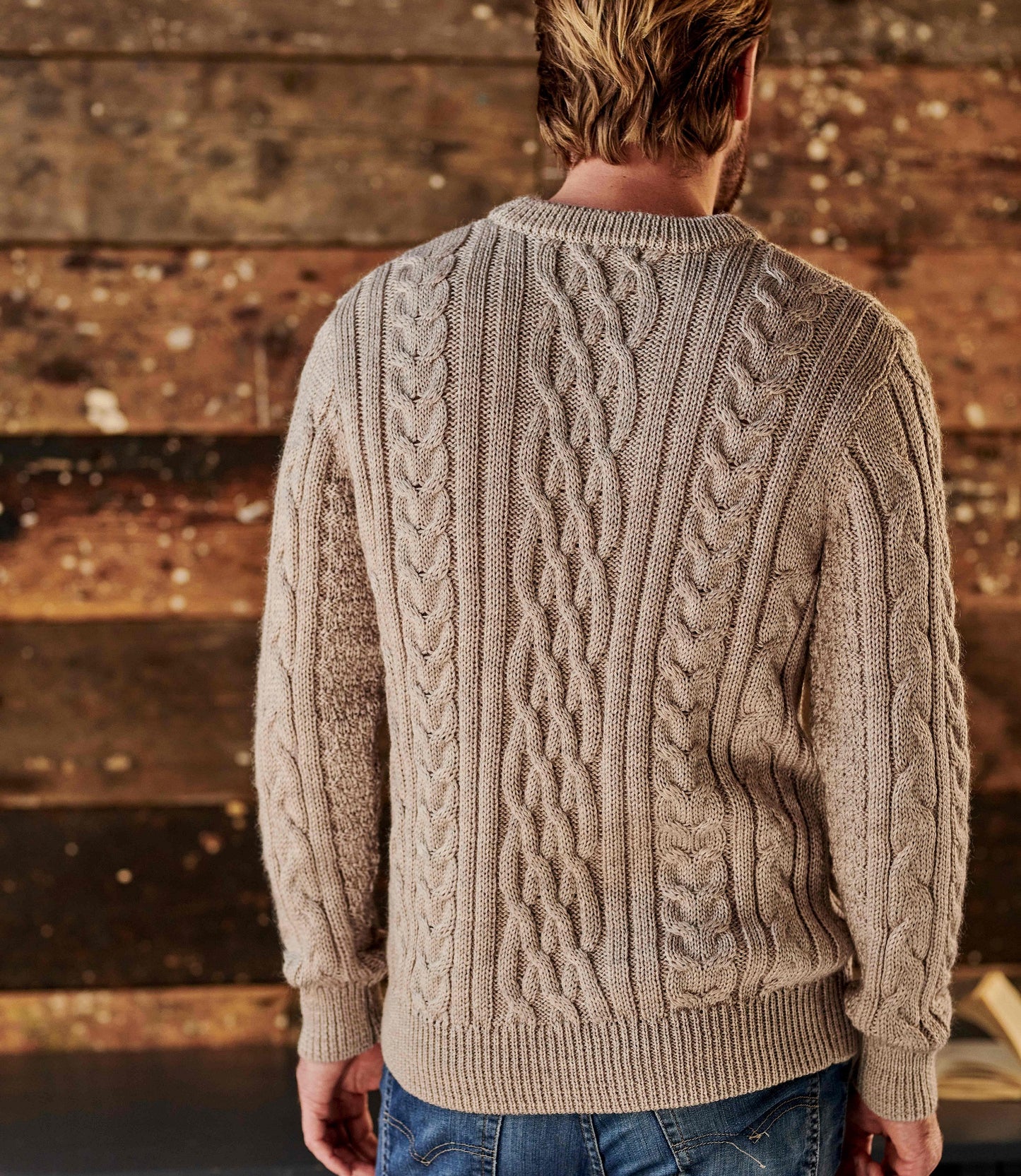 Mens Aran Sweater Pure Wool Knitted Crew Neck Jumper - Oatmeal/Dark Forest