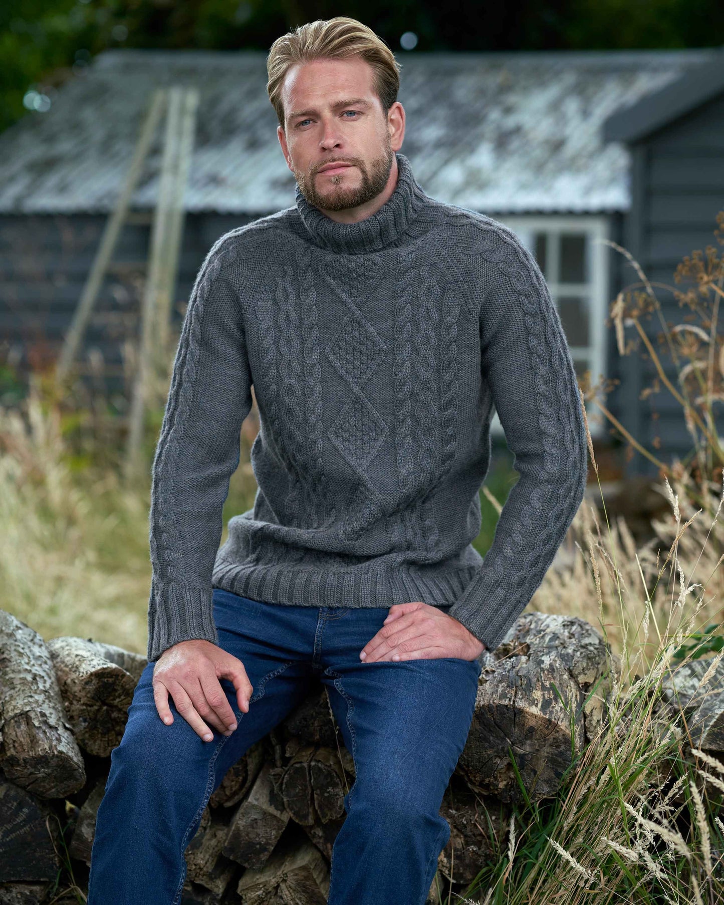 Mens Pure Wool Aran Knit Roll Neck Sweater